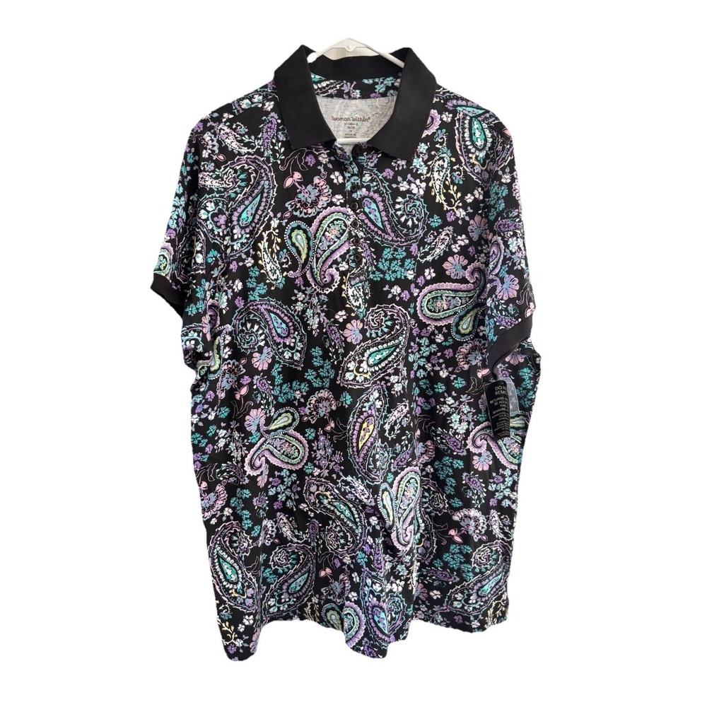 Woman Within Womens Plus Size 3X COTTON Printed Short-Sleeve Polo Shirt NEW
